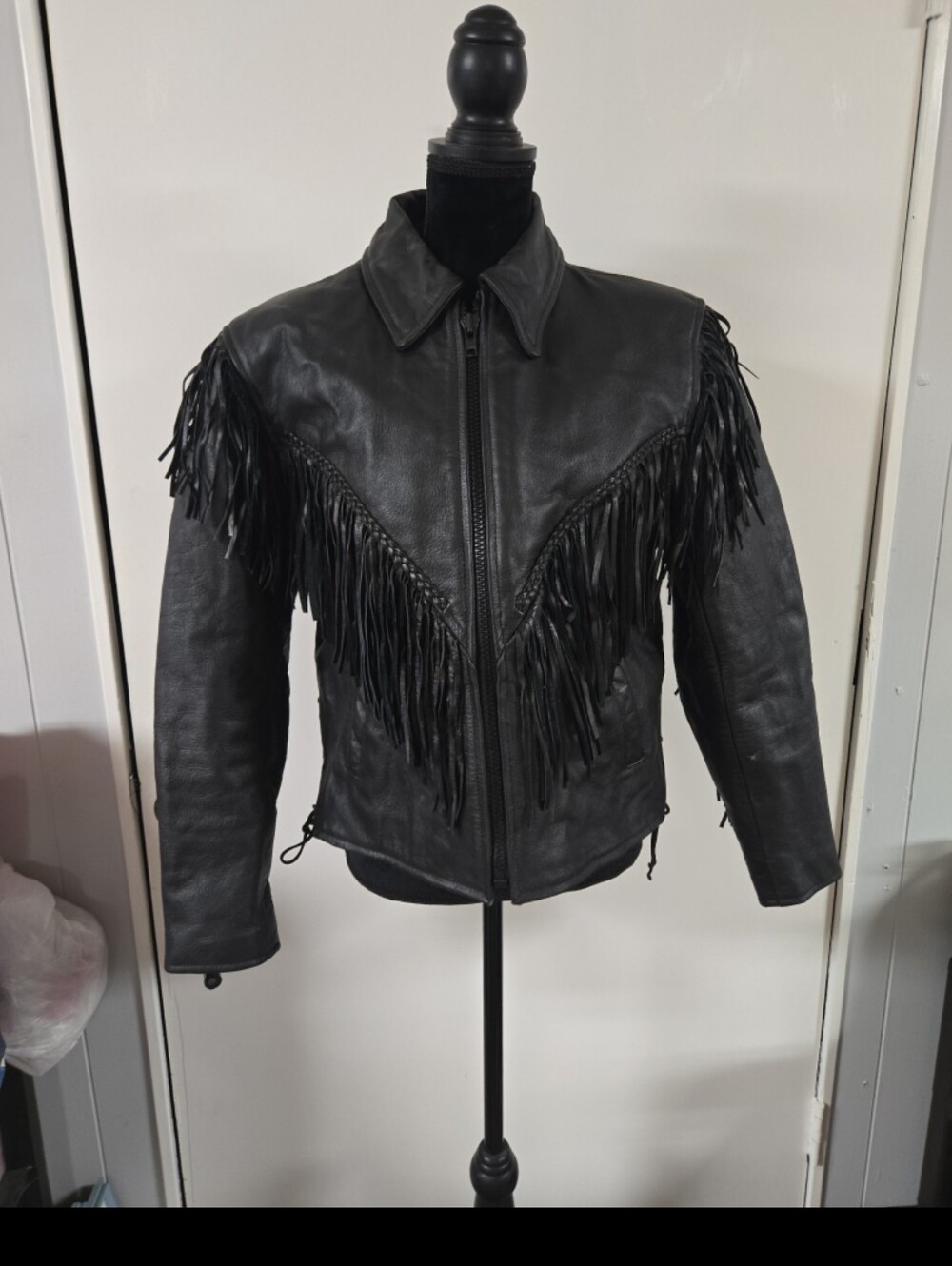 Leather Fringe Biker Jacket Womens Large Western Motorcycle Black
